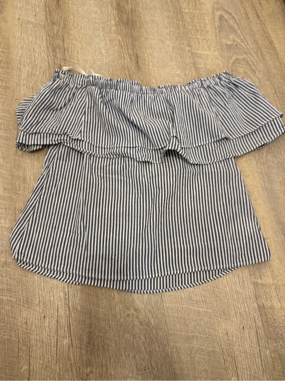 BCBGMaxAzria Navy and White Striped Ruffle Blouse